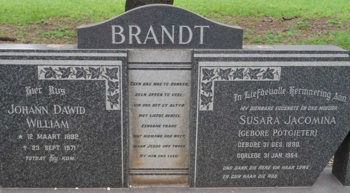 BRANDT Johann Dawid William 1892-1971 &amp; Susara Jacomina POTGIETER 1890-1954