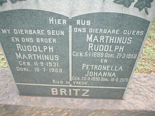 BRITZ Marthinus Rudolph 1888-1958 &amp; Petronella Johanna 1890-1979 :: BRITZ Rudolph Marthinus 1931-1959