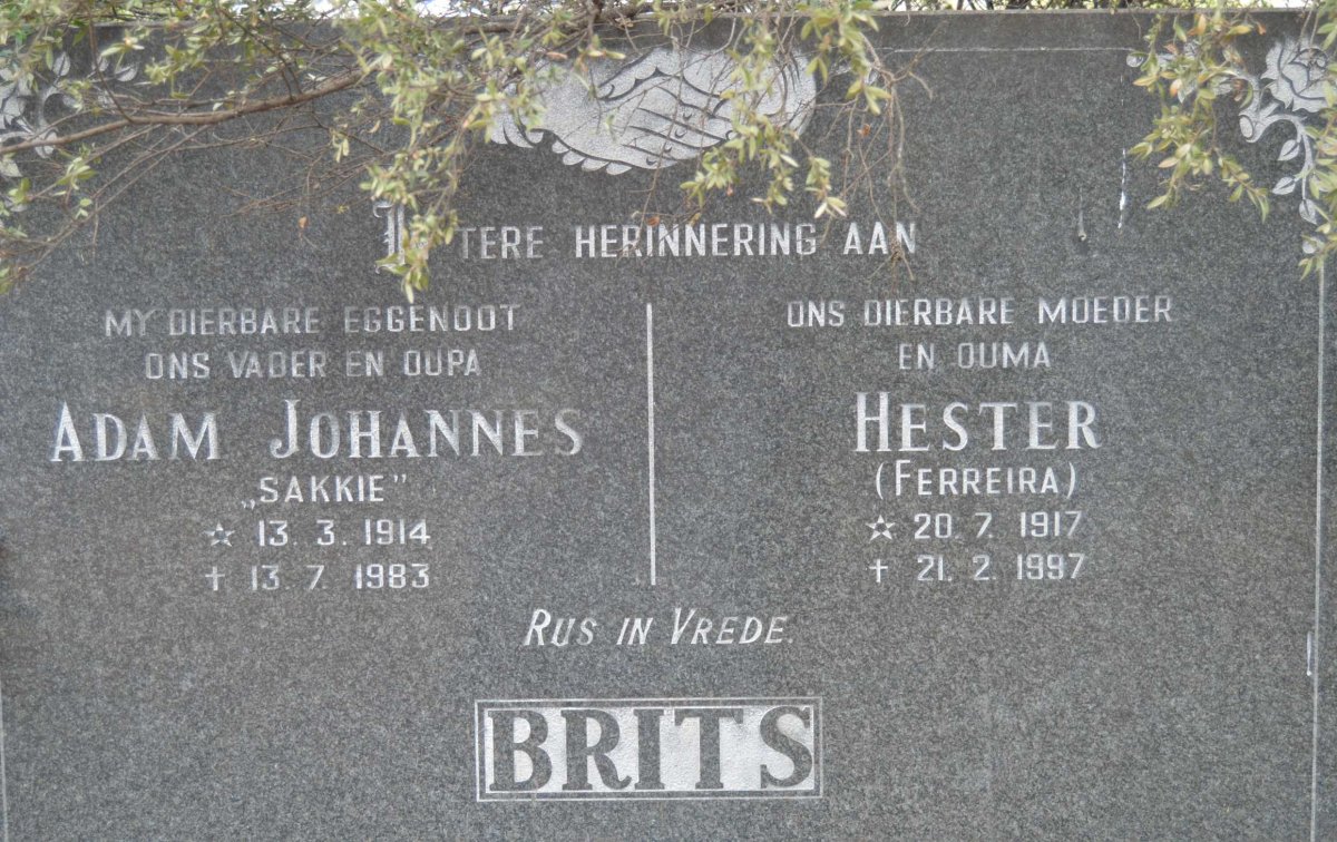 BRITS Adam Johannes 1914-1983 &amp; Hester FERREIRA 1917-1997