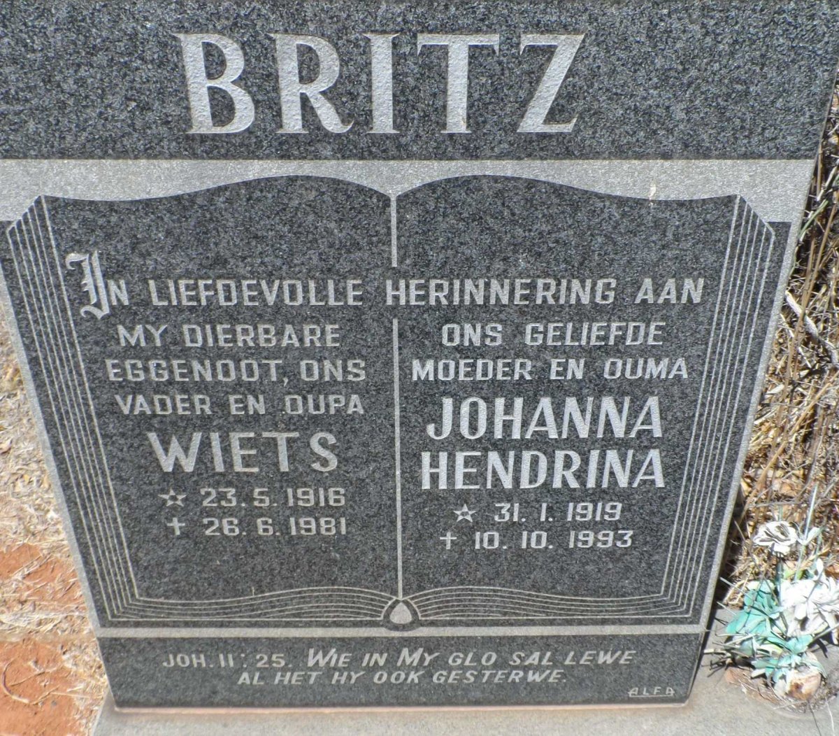 BRITZ Wiets 1916-1981 &amp; Johanna Hendrina 1919-1993