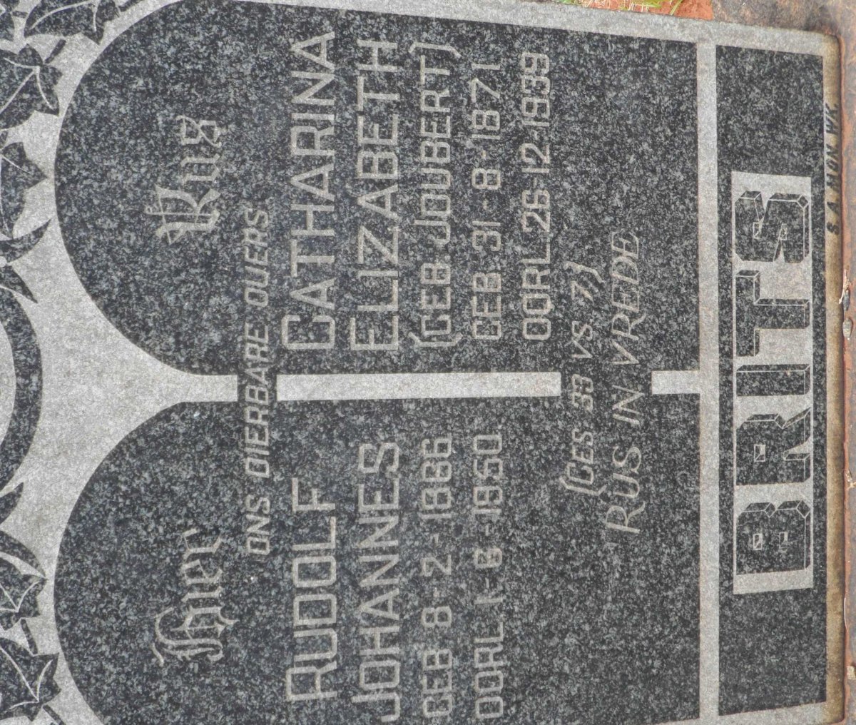 BRITS Rudolf Johannes 1866-1950 &amp; Catharina Elizabeth JOUBERT 1871-1939