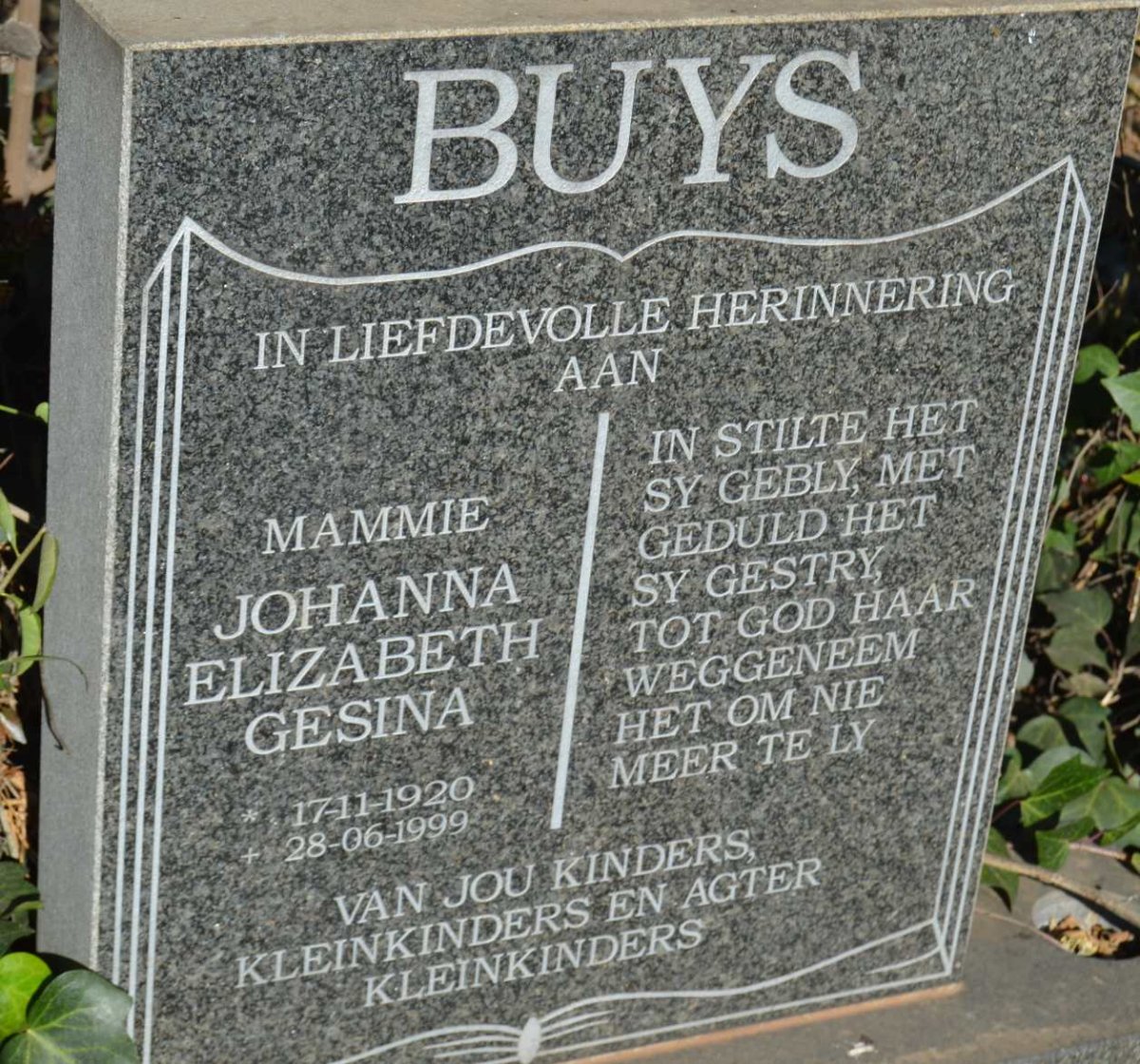 BUYS Johanna Elizabeth Gesina 1920-1999