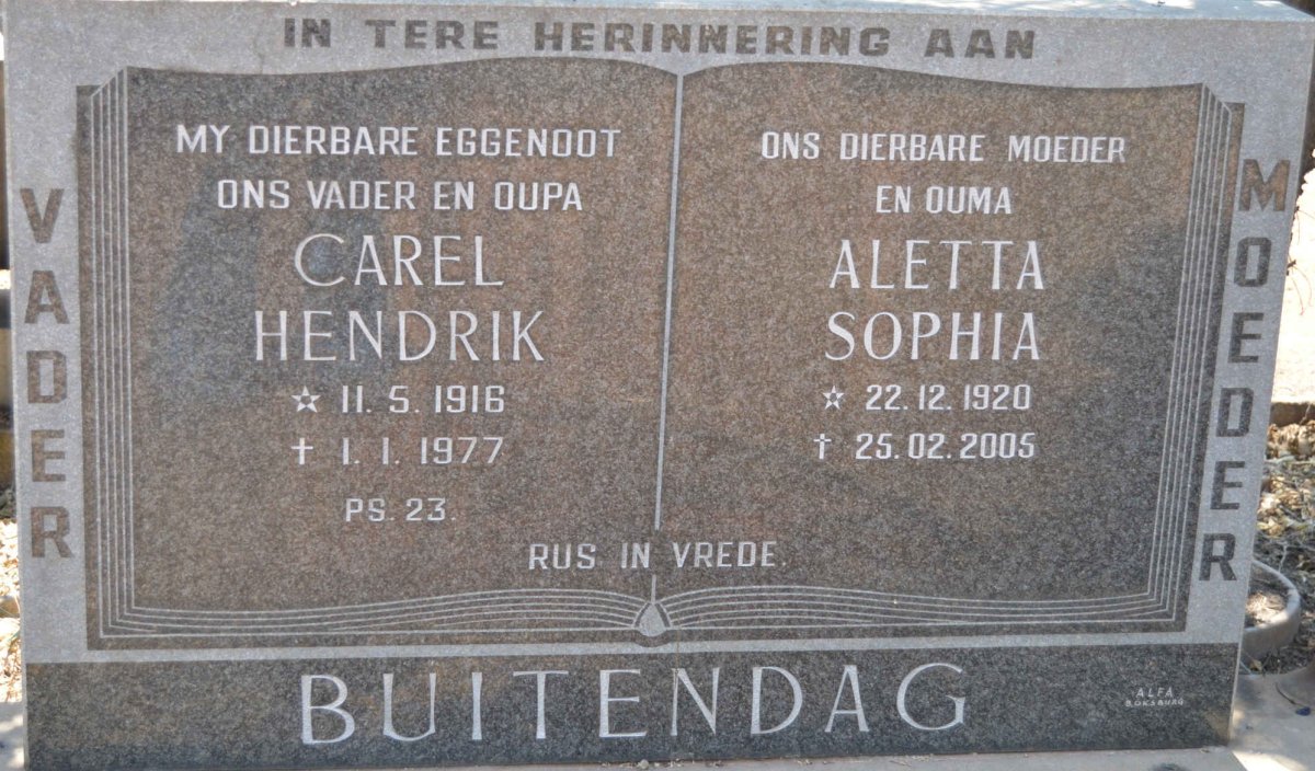 BUITENDAG Carel Hendrik 1916-1977 &amp; Aletta Sophia 1920-2005