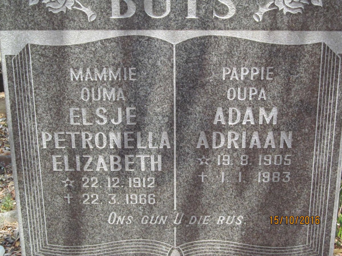 BUYS Adam Adriaan 1905-1983 &amp; Elsje Petronella Elizabeth 1912-1966