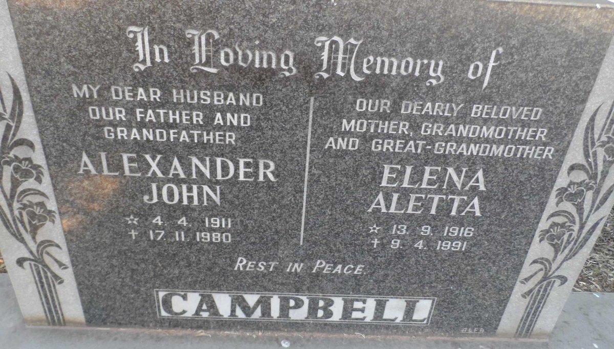CAMPBELL Alexander John 1911-1980 &amp; Elena Aletta 1916-1991