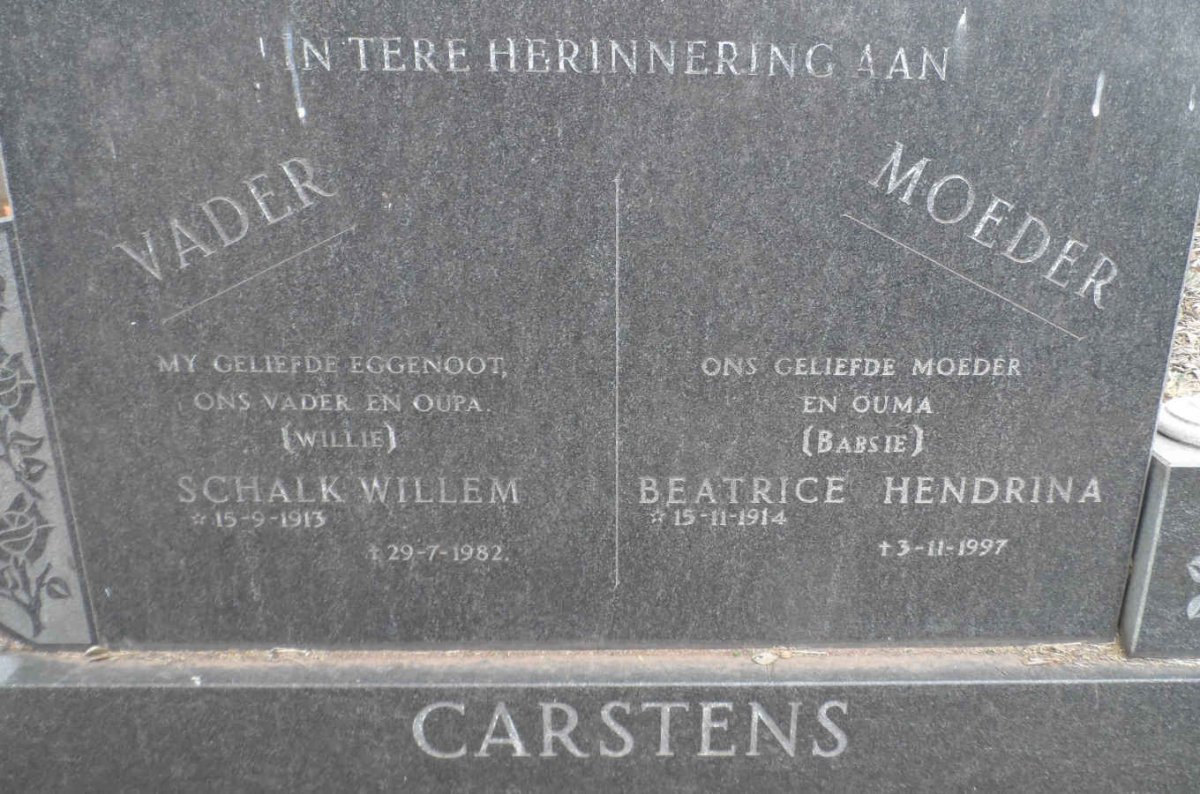 CARSTENS Schalk Willem 1913-1982 &amp; Beatrice Hendrina 1914-1997