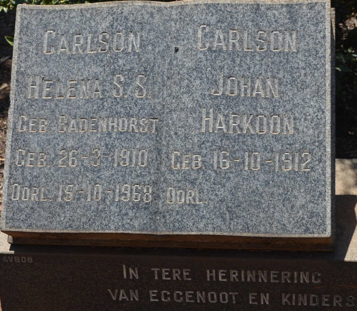 CARLSON Johan Harkoon 1912- &amp; Helena S. S. BADENHORST 1910-1968
