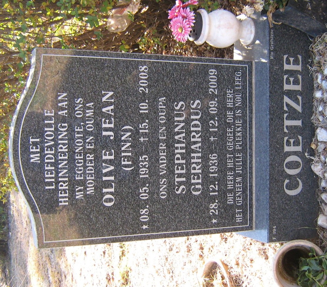COETZEE Stephanus Gerhardus 1936-2009 &amp; Olive Jean FINN 1935-2008