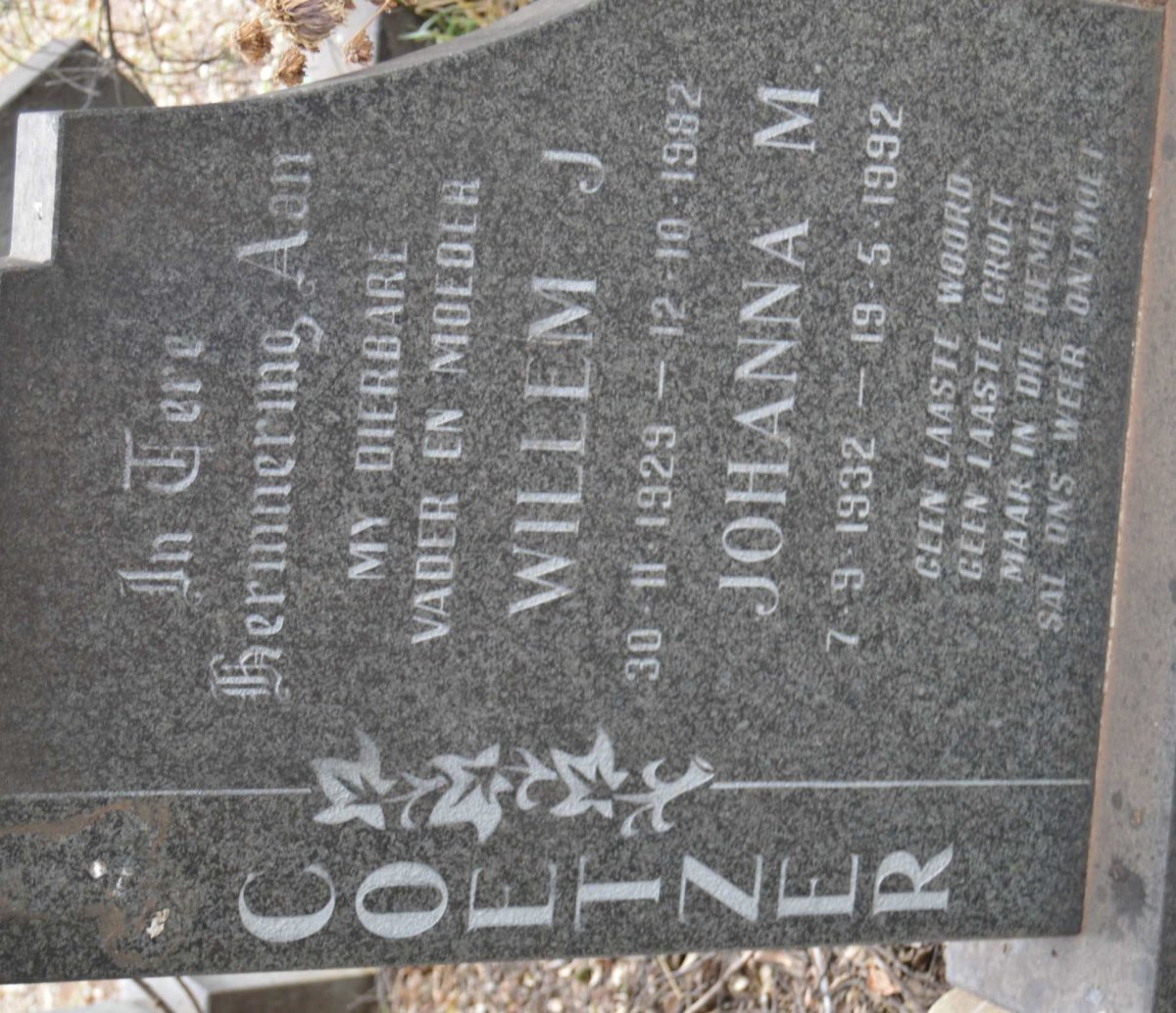 COETZER Willem J. 1929-1982 &amp; Johanna M. 1932-1992