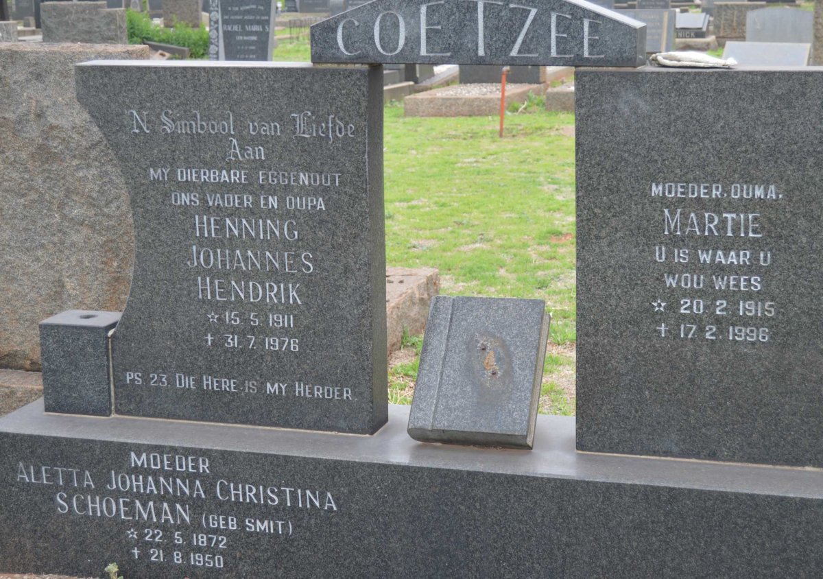 COETZEE Henning Johannes Hendrik 1911-1976 &amp; Martie 1915-1996 :: SCHOEMAN Aletta Johanna Christina nee SMIT 1872-1950
