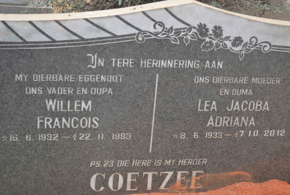 COETZEE Willem Francois 1932-1983 &amp; Lea Jacoba Adriana 1933-2012