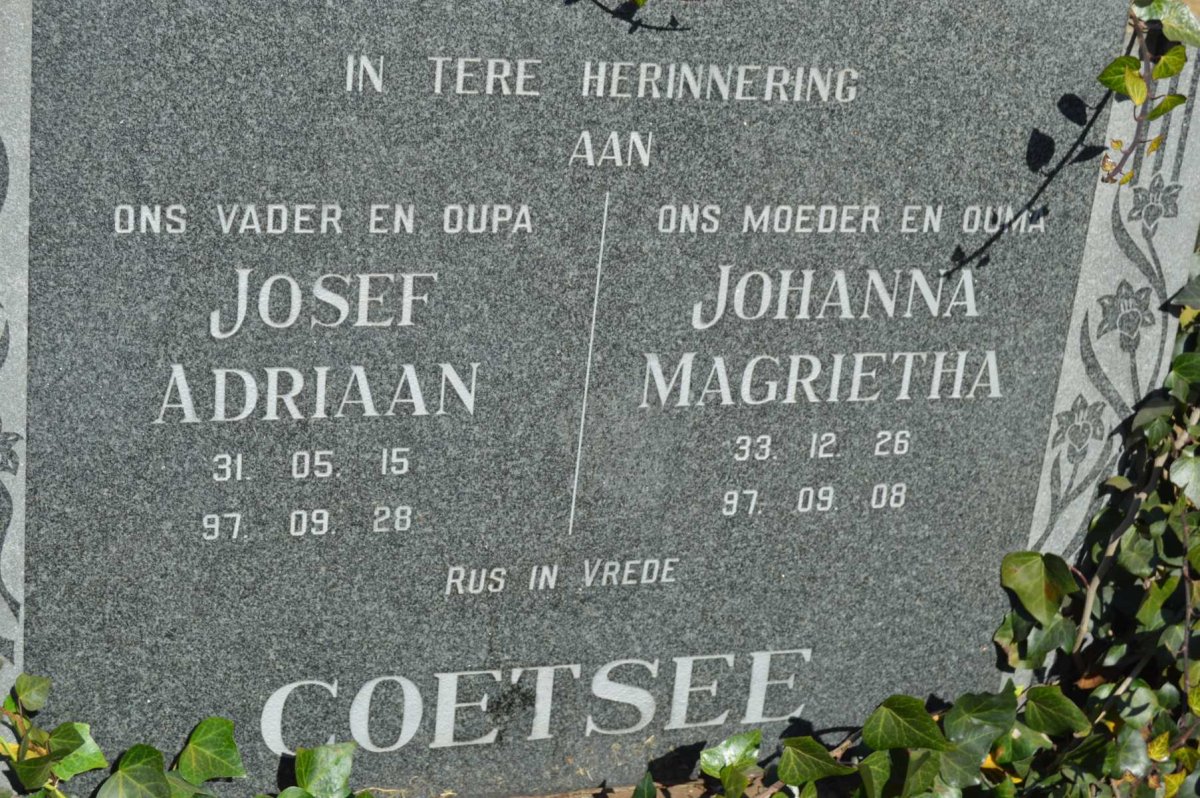 COETSEE Josef Adriaan 1931-1997 &amp; Johanna Magrietha 1933-1997