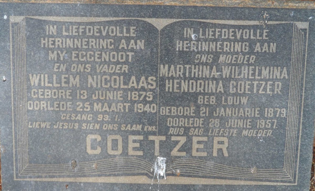 COETZER Willem Nicolaas 1875-1940 &amp; Marthina Wilhelmina Hendrina LOUW 1879-1957