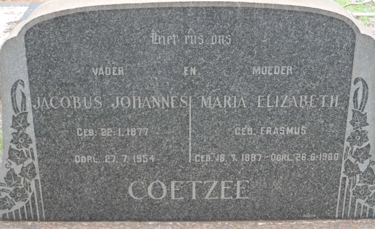 COETZEE Jacobus Johannes 1877-1954 &amp; Maria Elizabeth ERASMUS 1887-1960