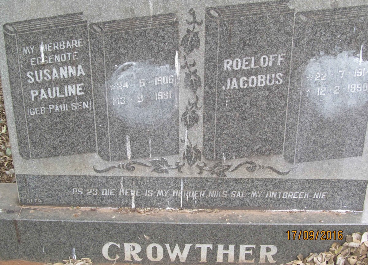 CROWTHER Roelof Jacobus 1914-1990 &amp; Susanna Pauline PAULSEN 1906-1981