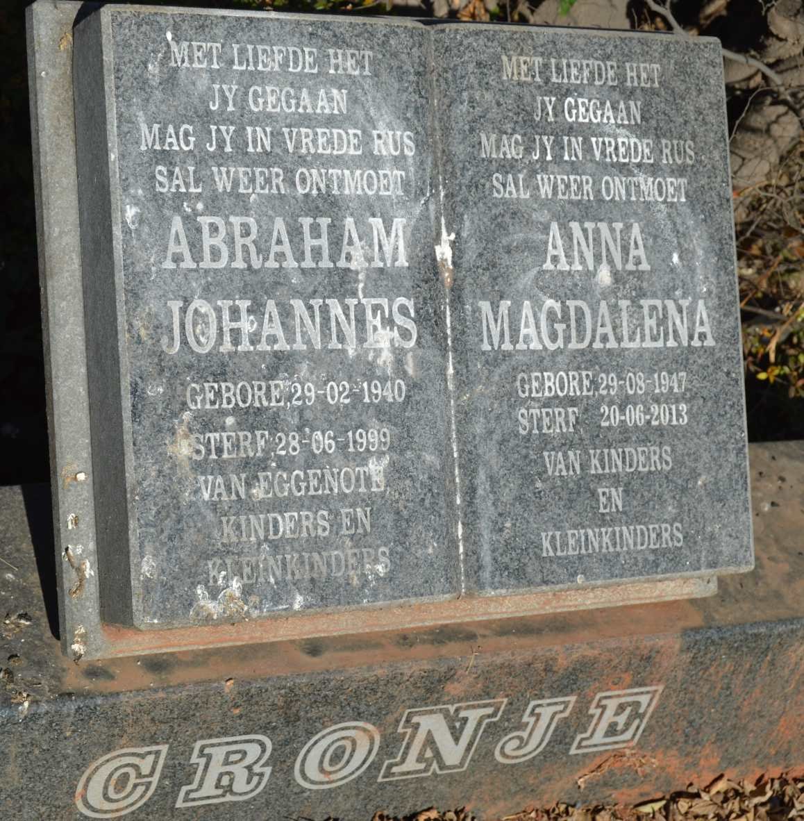 CRONJE Abraham Johannes 1940-1999 &amp; Anna Magdalena 1947-2013