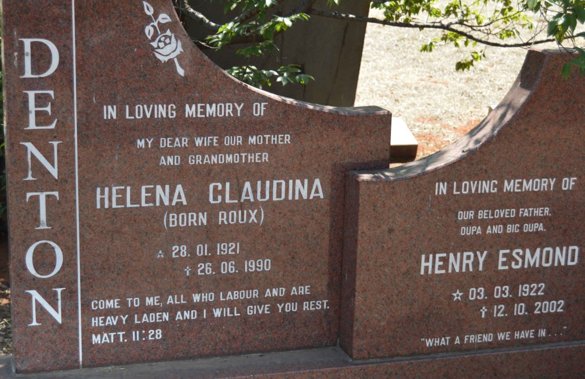 DENTON Henry Esmond 1922-2002 &amp; Helena Claudina ROUX 1921-1990