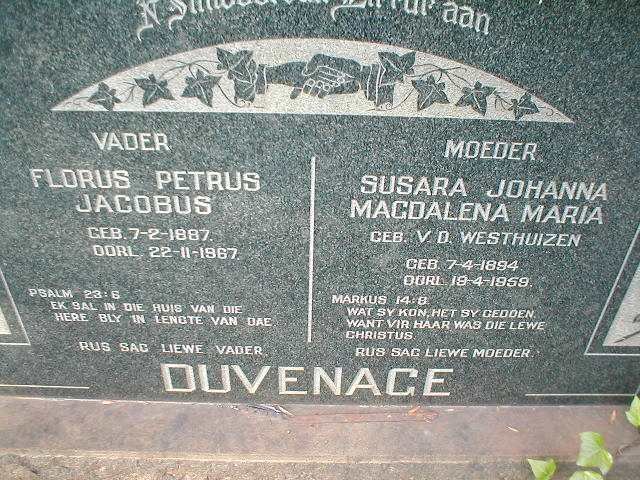 DUVENAGE Florus Petrus Jacobus 1887-1967 &amp; Susara Johanna Magdalena Maria  V.D. WESTHUIZEN 1894-1959