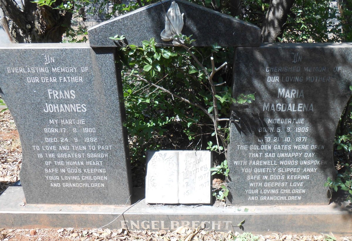 ENGELBRECHT Frans Johannes 1900-1982 &amp; Maria Magdalena 1905-1971 :: HARNEY Irene 1977-1977