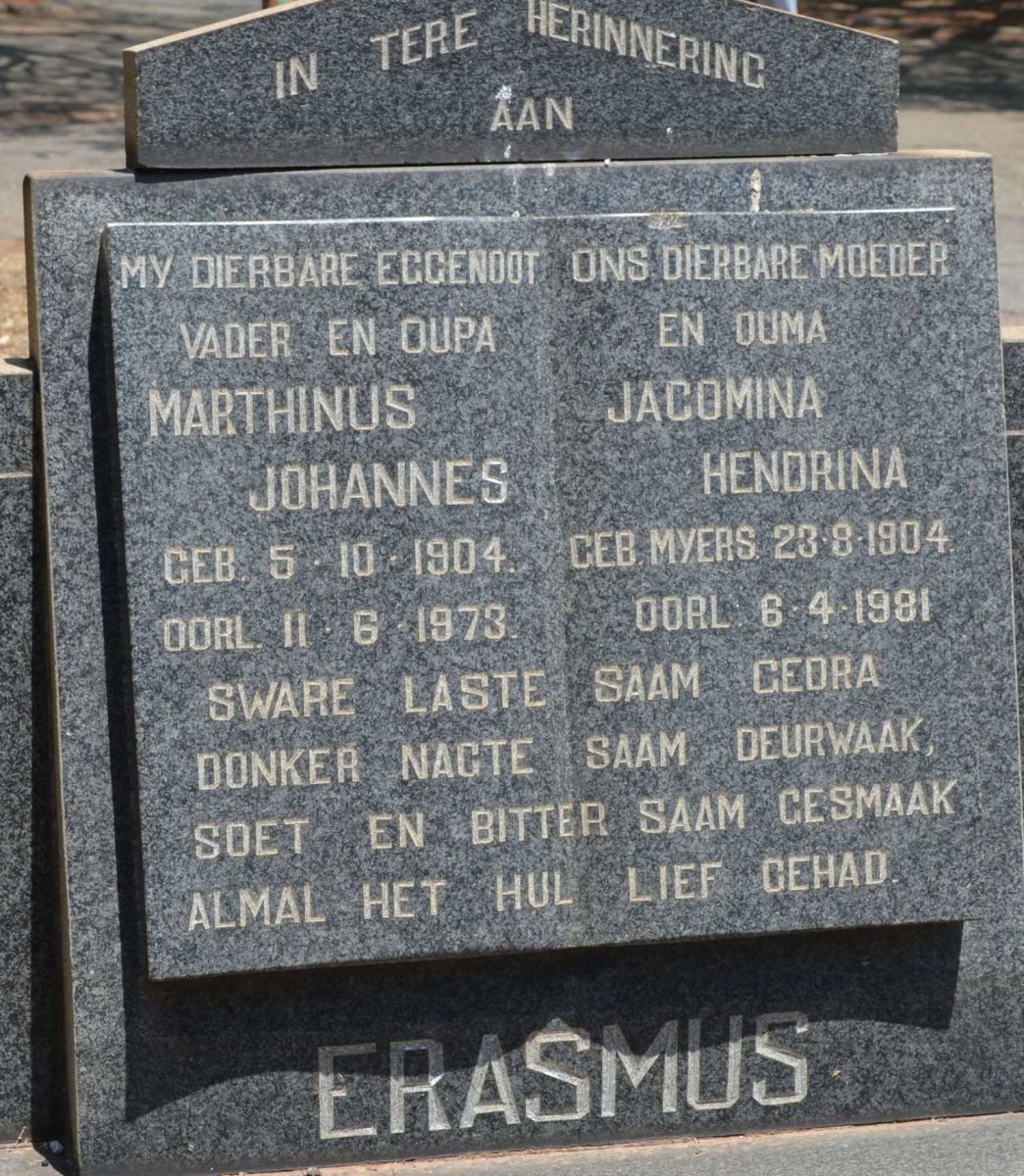 ERASMUS Marthinus Johannes 1904-1973 &amp; Jacomina Hendrina 1904-1981