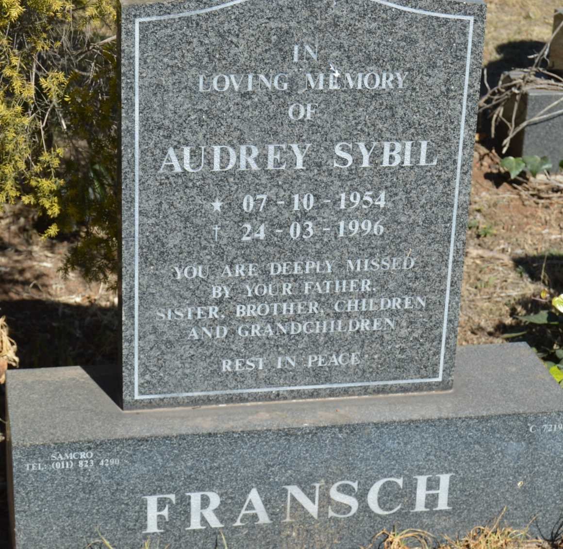 FRANSCH Audrey Sybil 1954-1996