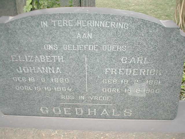 GOEDHALS Carl Frederick 1881-1960 &amp; Elizabeth Johanna 1880-1964
