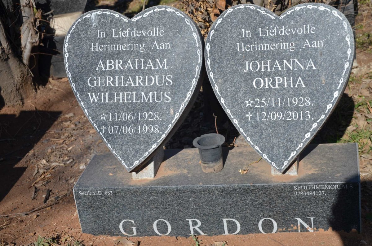 GORDON Abraham Gerhardus Wilhelmus 1928-1998 &amp; Johanna Orpha 1928-2013