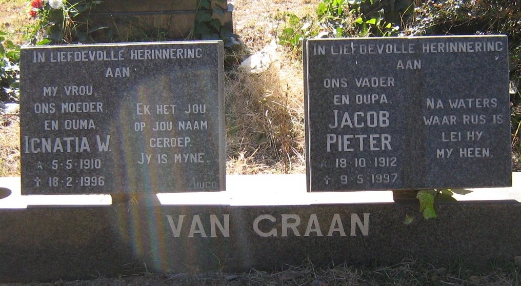 GRAAN Jacob Pieter, van 1912-1997 &amp; Ignatia W. 1910-1996