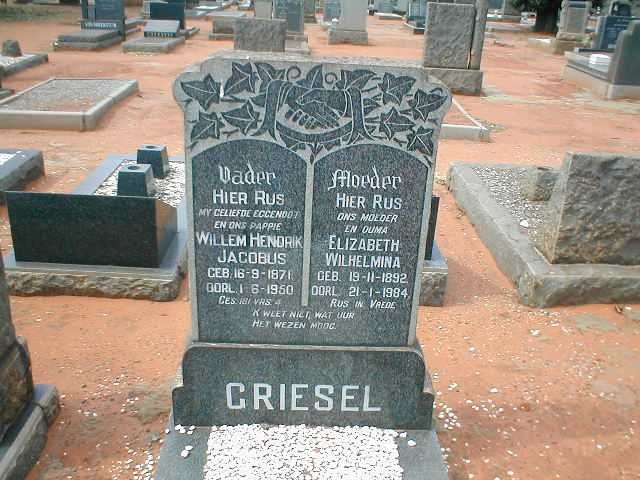 GRIESEL Willem Hendrik Jacobus 1871-1950 &amp; Elizabeth Wilhelmina 1892-1984