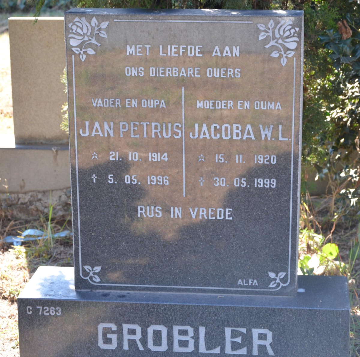 GROBLER Jan Petrus 1914-1996 &amp; Jacoba W.L. 1920-1999