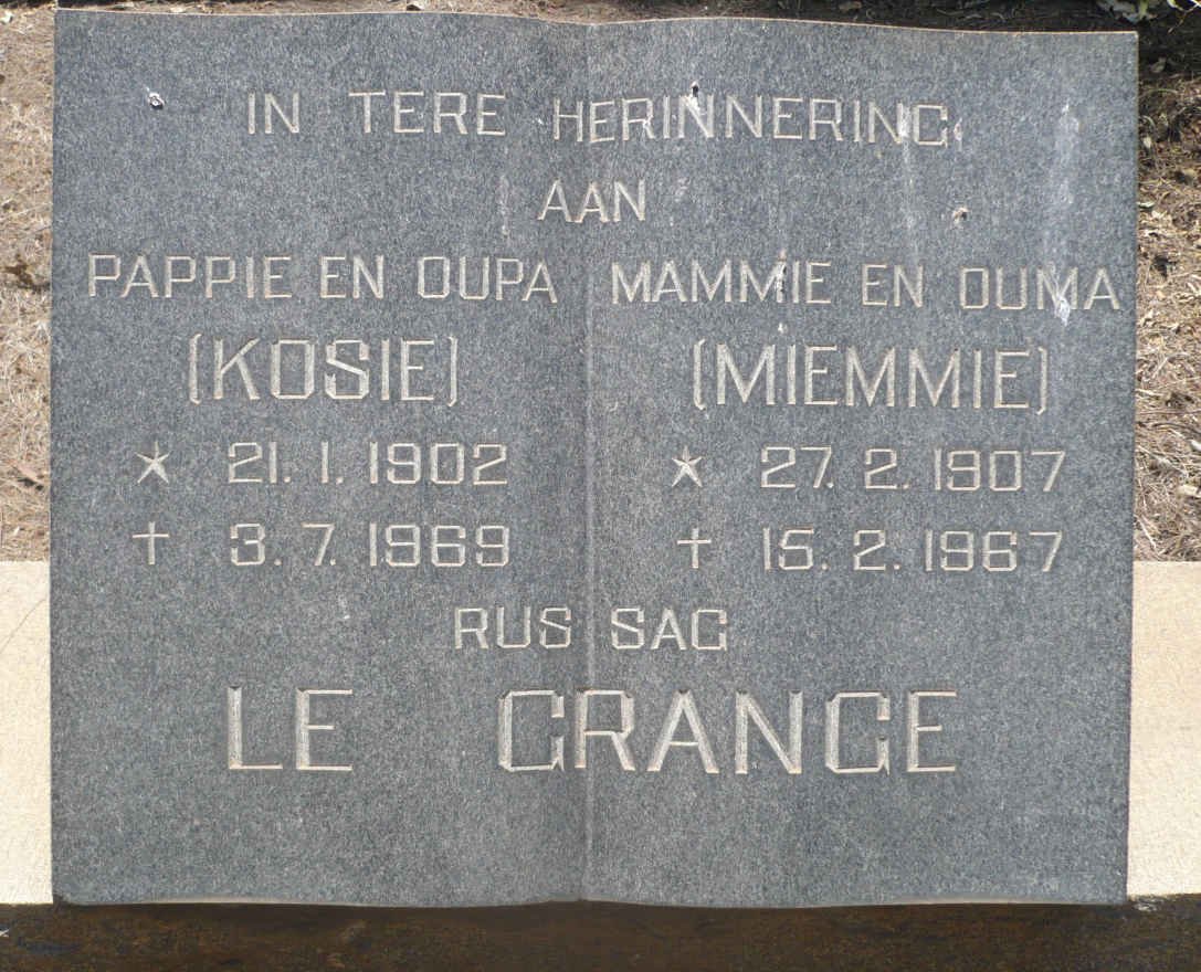 GRANGE Kosie, le 1902-1969 &amp; Miemmie 1907-1967