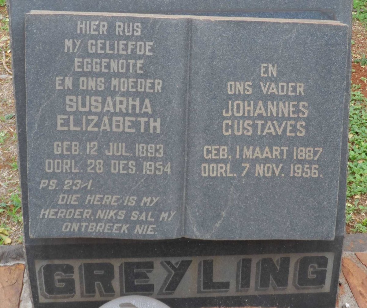 GREYLING Johannes Gustaves 1887-1956 &amp; Susarha Elizabeth 1893-1954