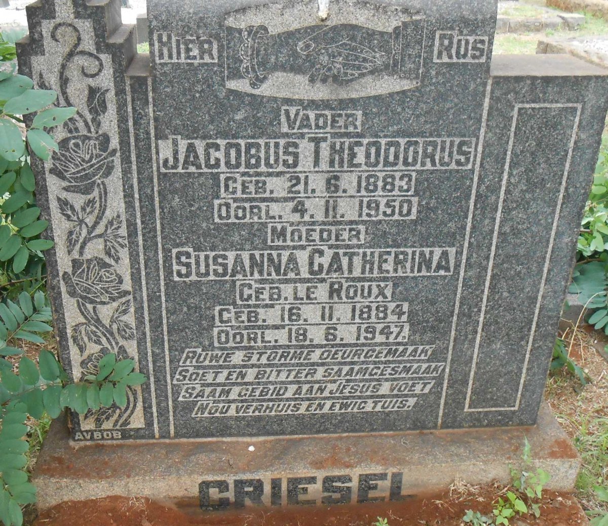 GRIESEL Jacobus Theodorus 1883-1950 &amp; Susanna Catherina LE ROUX 1884-1947