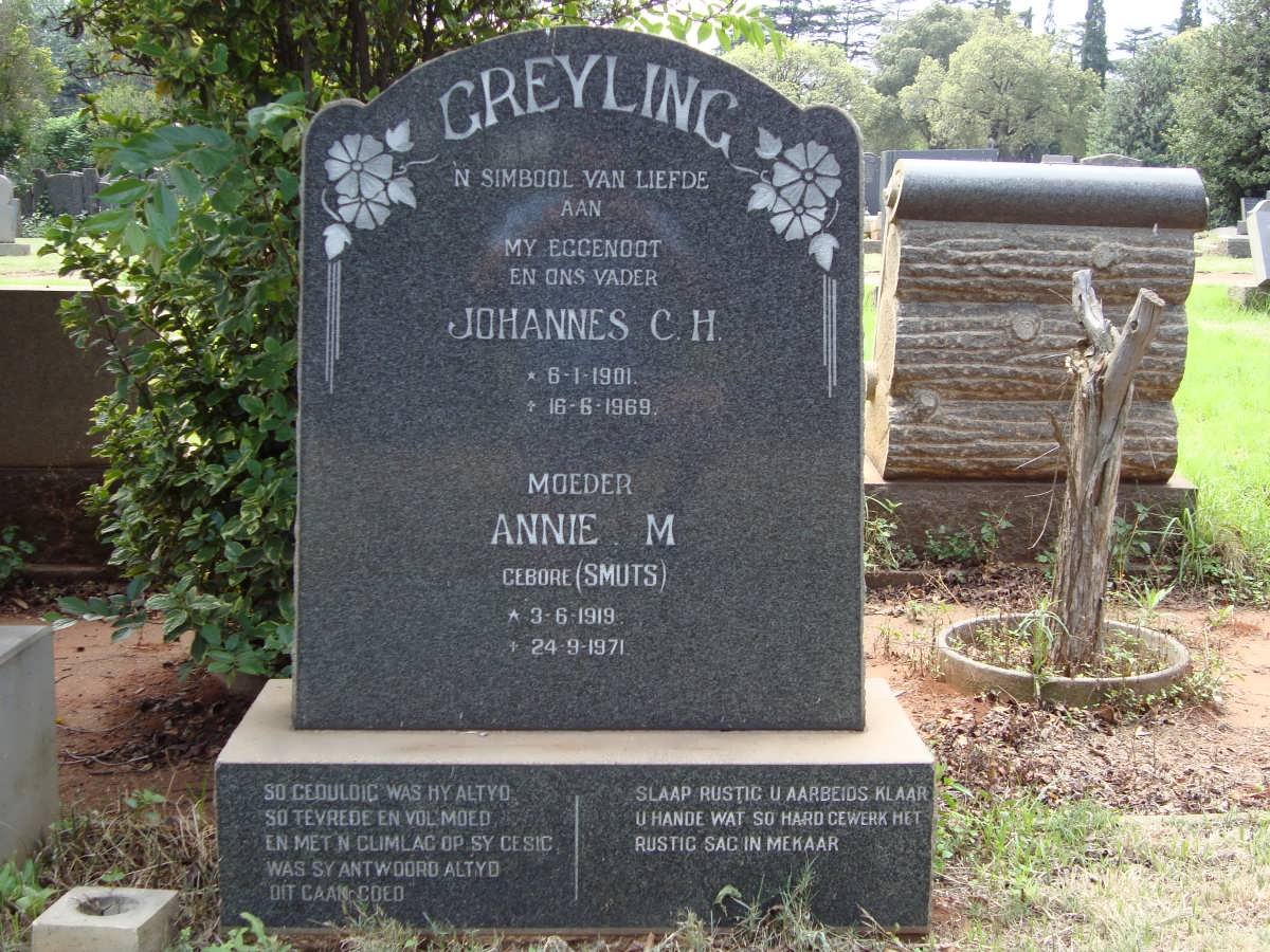 GREYLING Johannes C.H. 1901-1969 &amp; Annie M. SMUTS 1919-1971