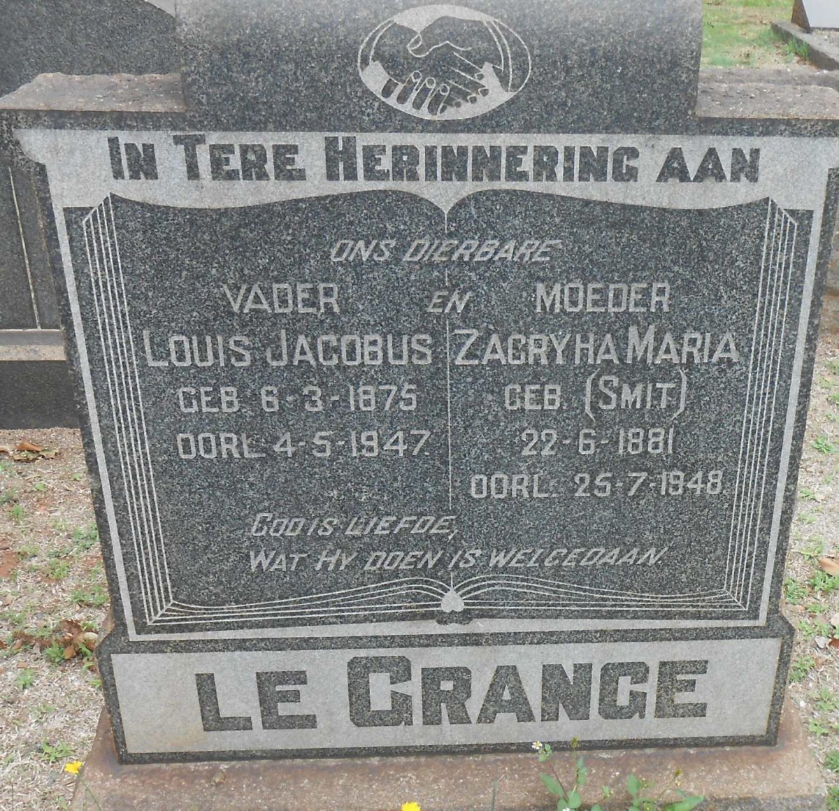 GRANGE Louis Jacobus, le 1875-1947 &amp; Zacryha Maria nee SMIT 1881-1948