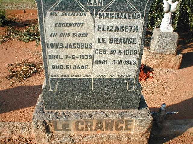 GRANGE Louis Jacobus, le -1939 &amp; Magdalena Elizabeth 1888-1958
