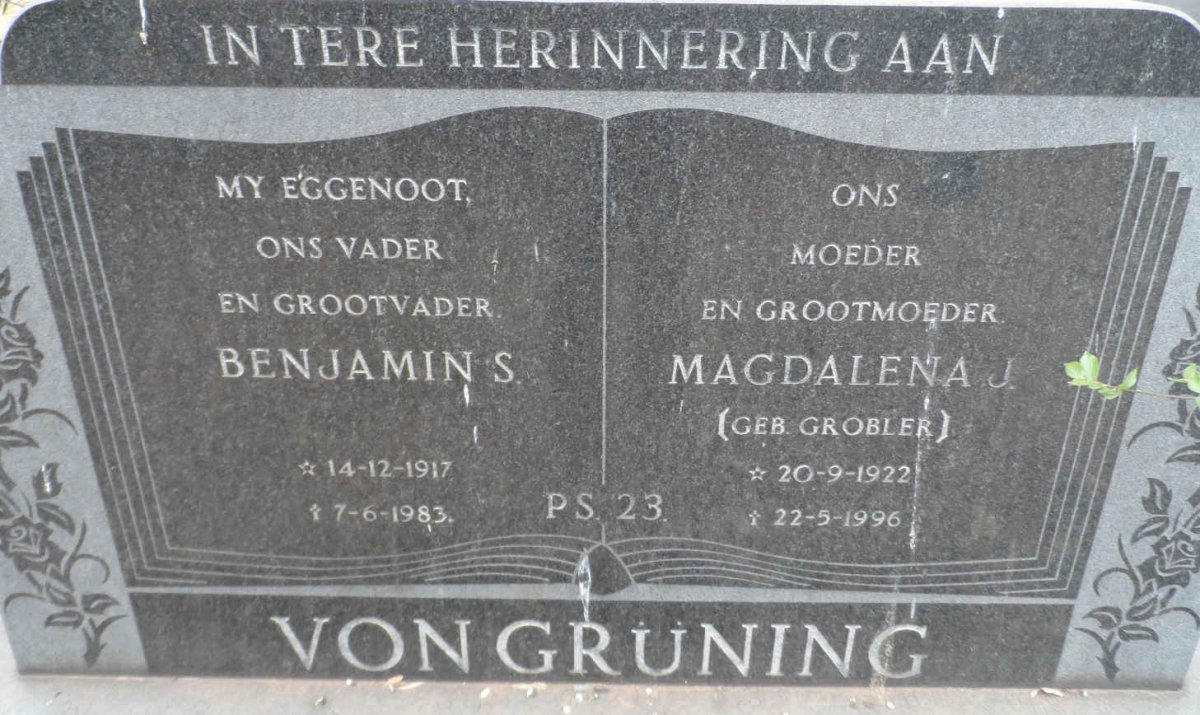 GRÜNNING Benjamin S., von 1917-1983 &amp; Magdalena J. GROBLER 1922-1996