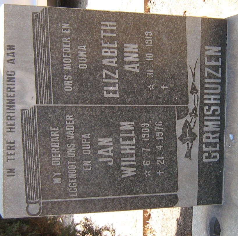 GERMISHUIZEN Jan Wilhelm 1909-1976 &amp; Elizabeth Ann 1919-