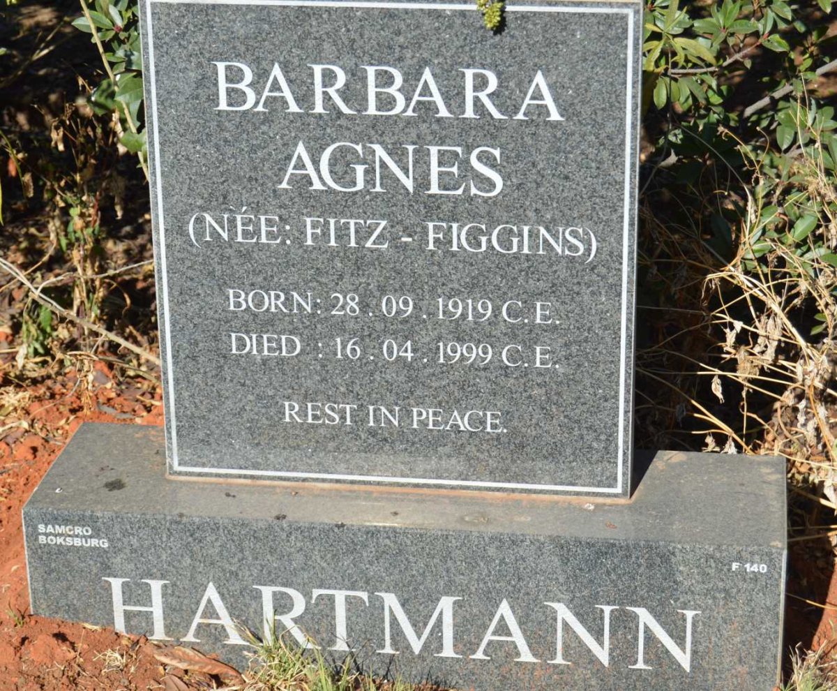 HARTMANN Barbara Agnes nee FITZ-FIGGINS 1919-1999