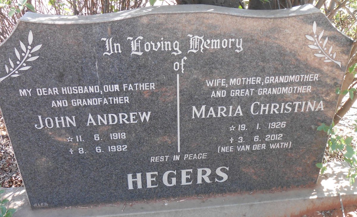 HEGERS John Andrew 1918-1982 &amp; Maria Christina VAN DER WATH 1926-2012