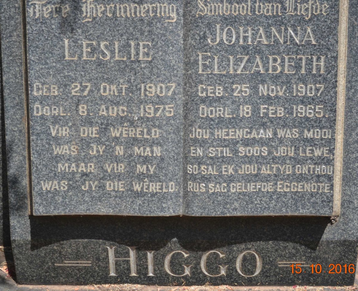 HIGGO Leslie 1907-1975 &amp; Johanna Elizabeth 1907-1965