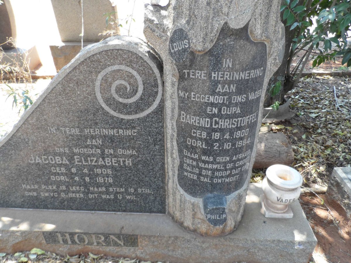 HORN Barend Christoffel 1900-1964 &amp; Jacoba Elizabeth 1905-1979