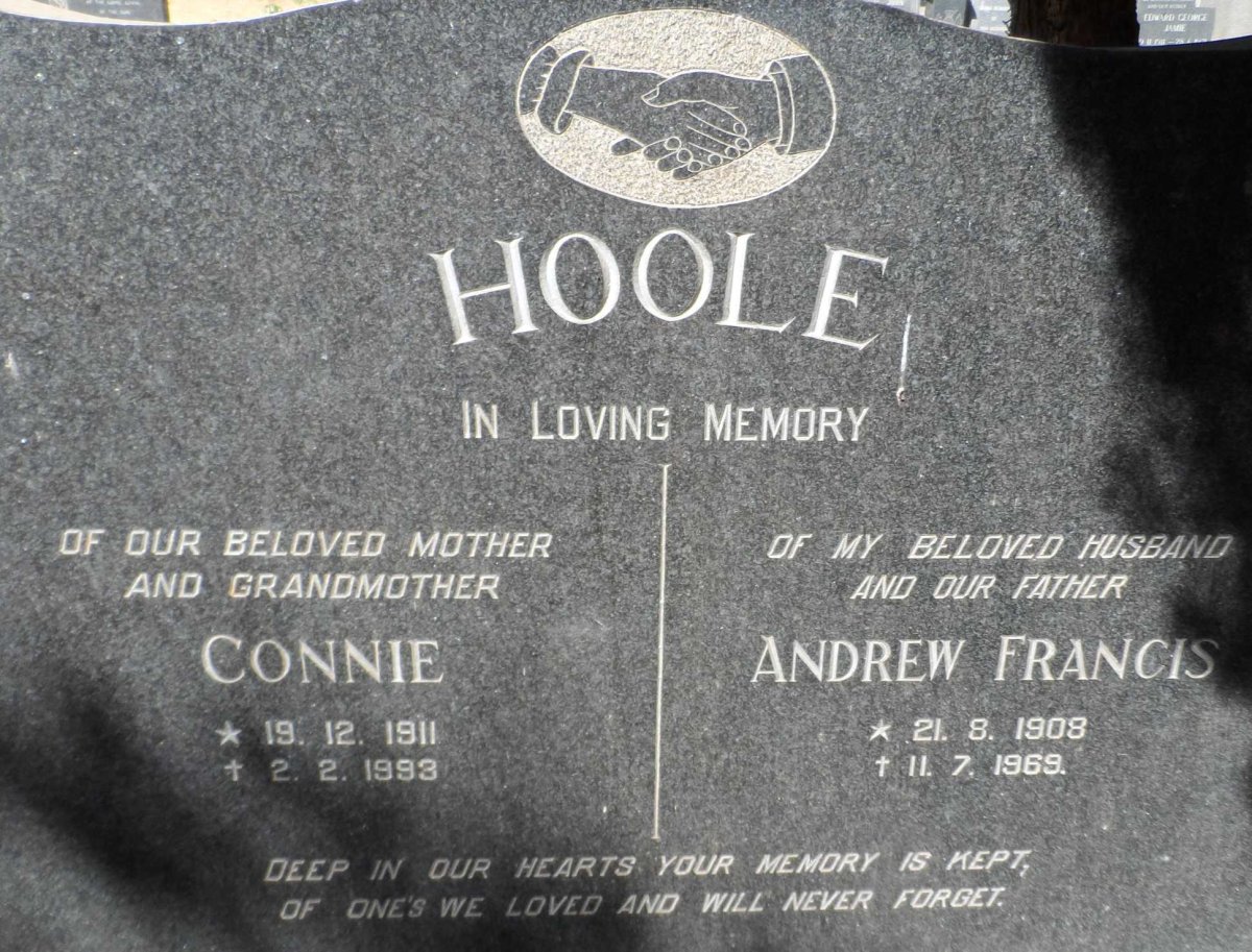 HOOLE Andrew Francis 1908-1969 &amp; Connie 1911-1993