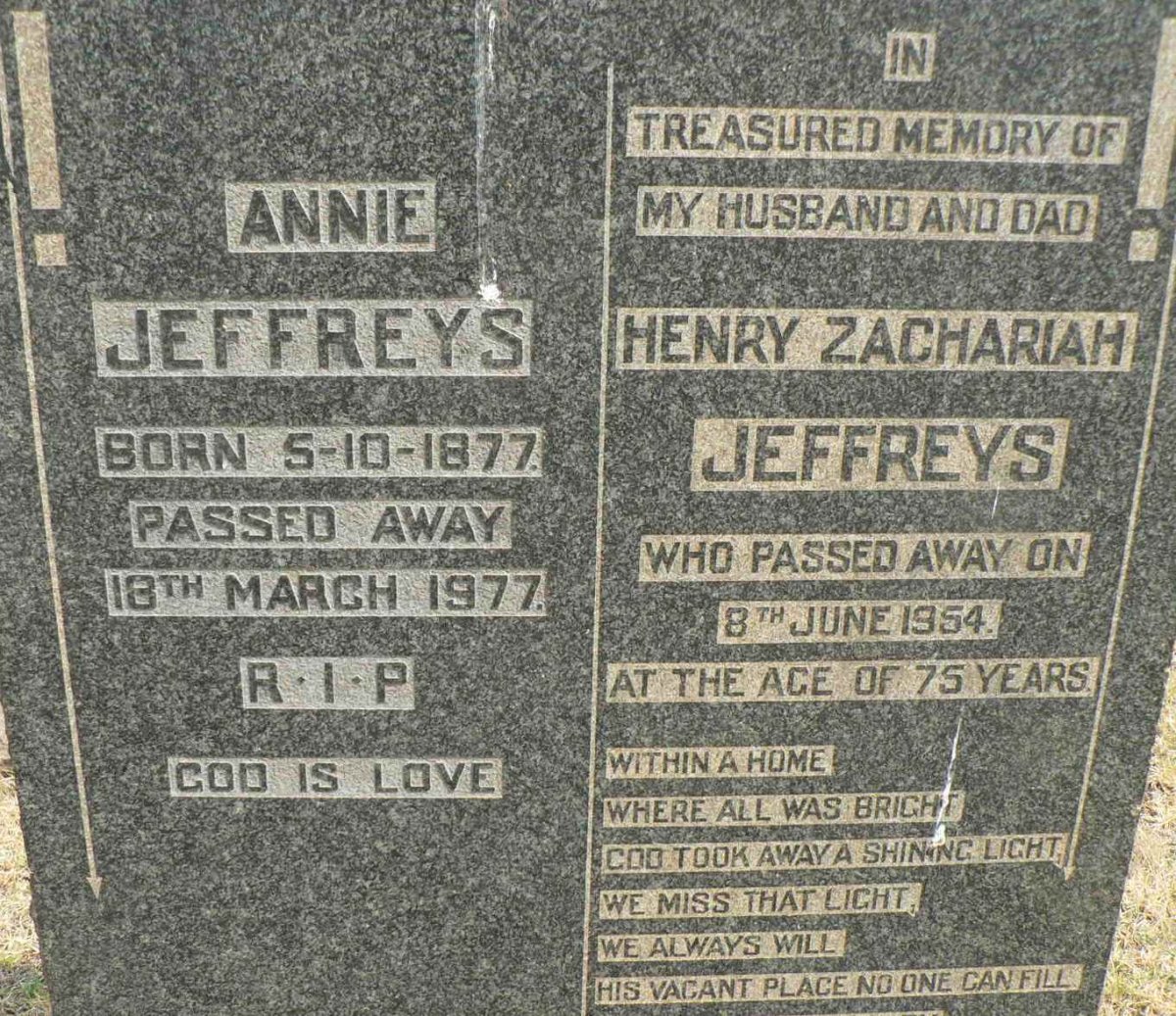JEFFREYS Henry Zachariah -1954 &amp; Annie 1877-1977