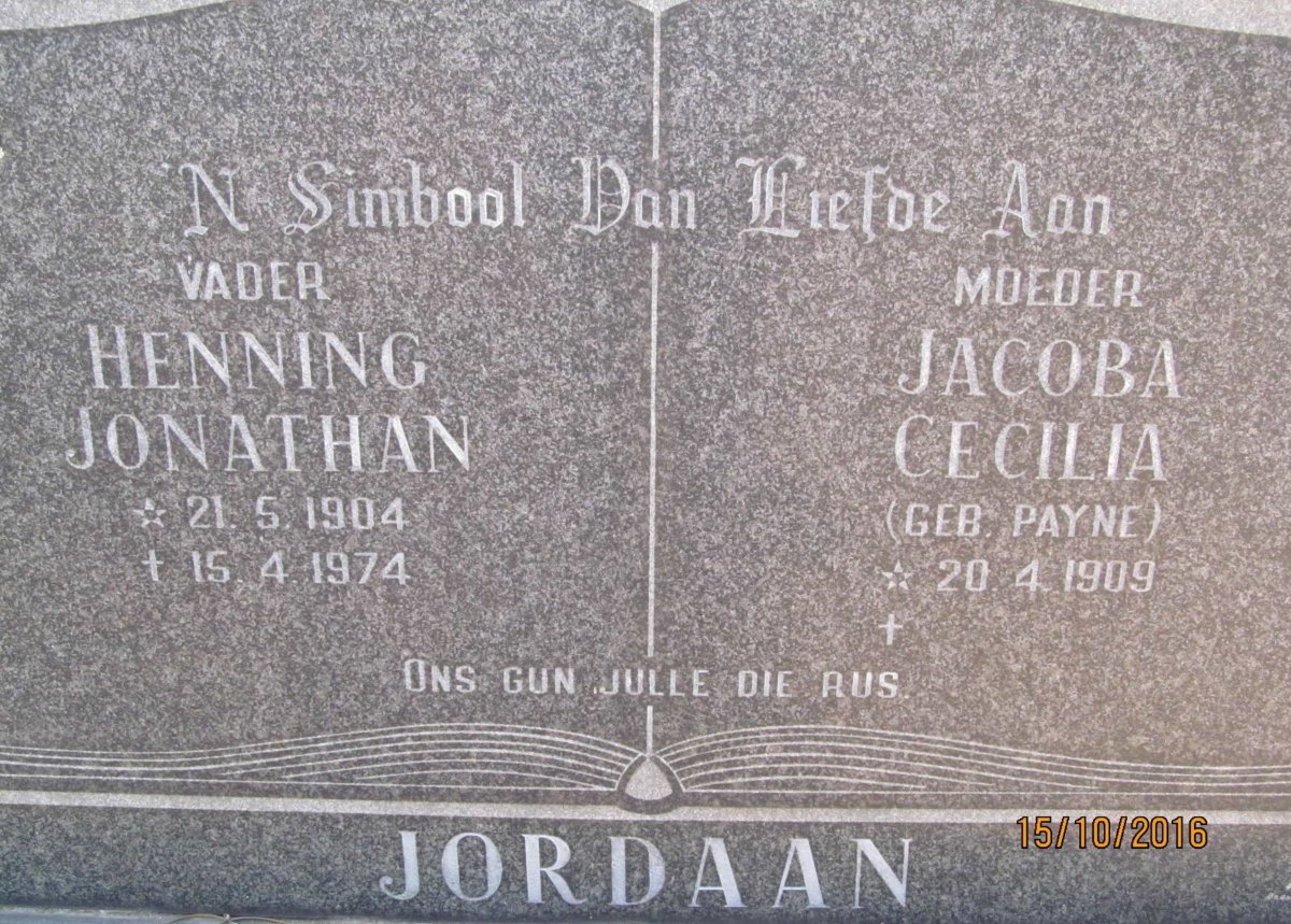 JORDAAN Henning Jonathan 1904-1974 &amp; Jacoba Cecilia PAYNE 1909-