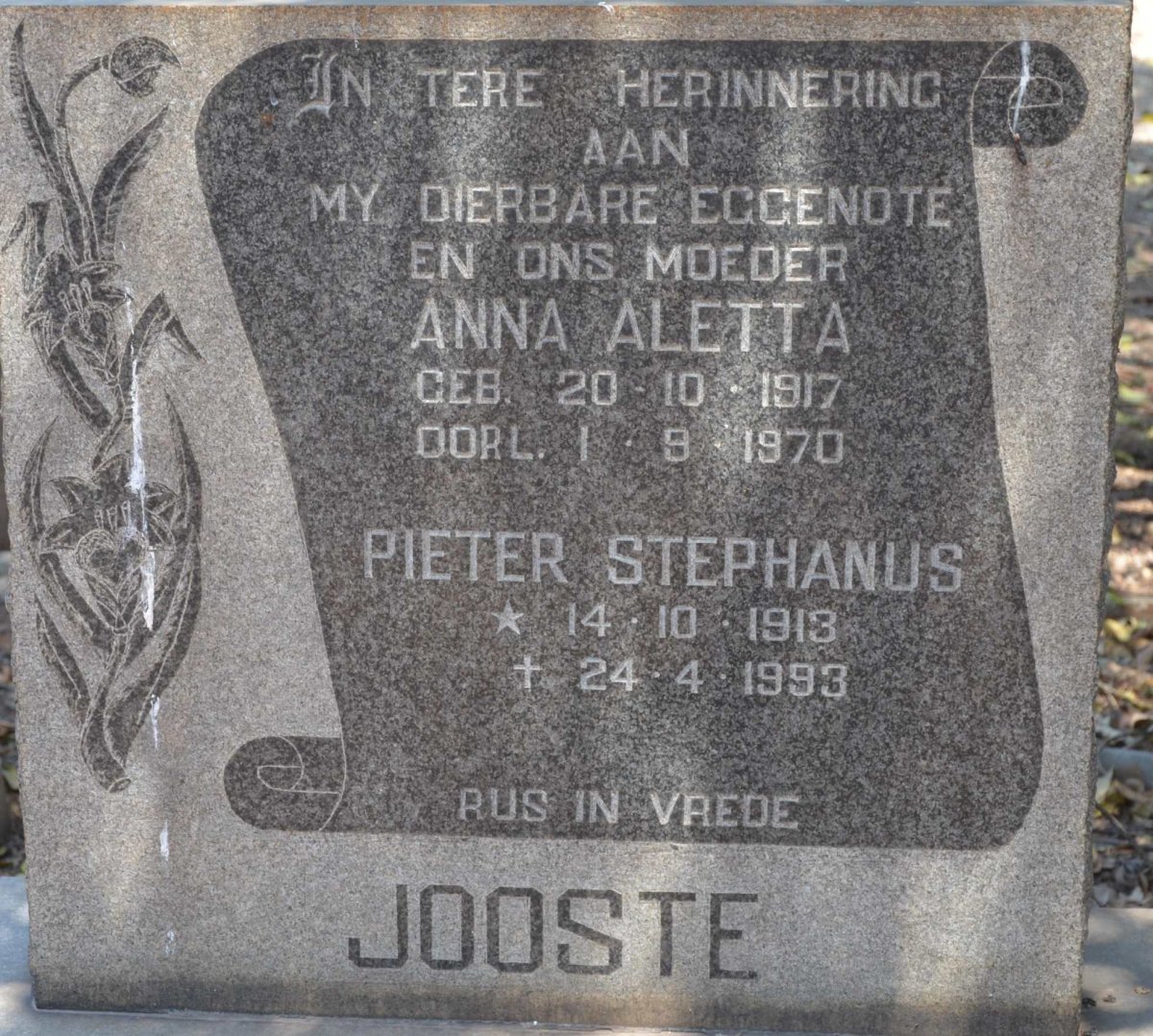 JOOSTE Pieter Stephanus 1913-1993 &amp; Anna Aletta 1917-1970
