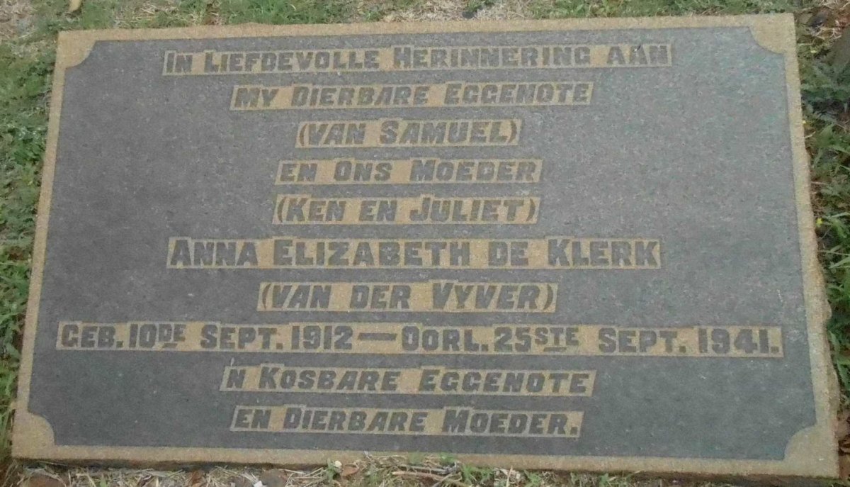KLERK Anna Elizabeth, de nee V.D. VYVER 1912-1941