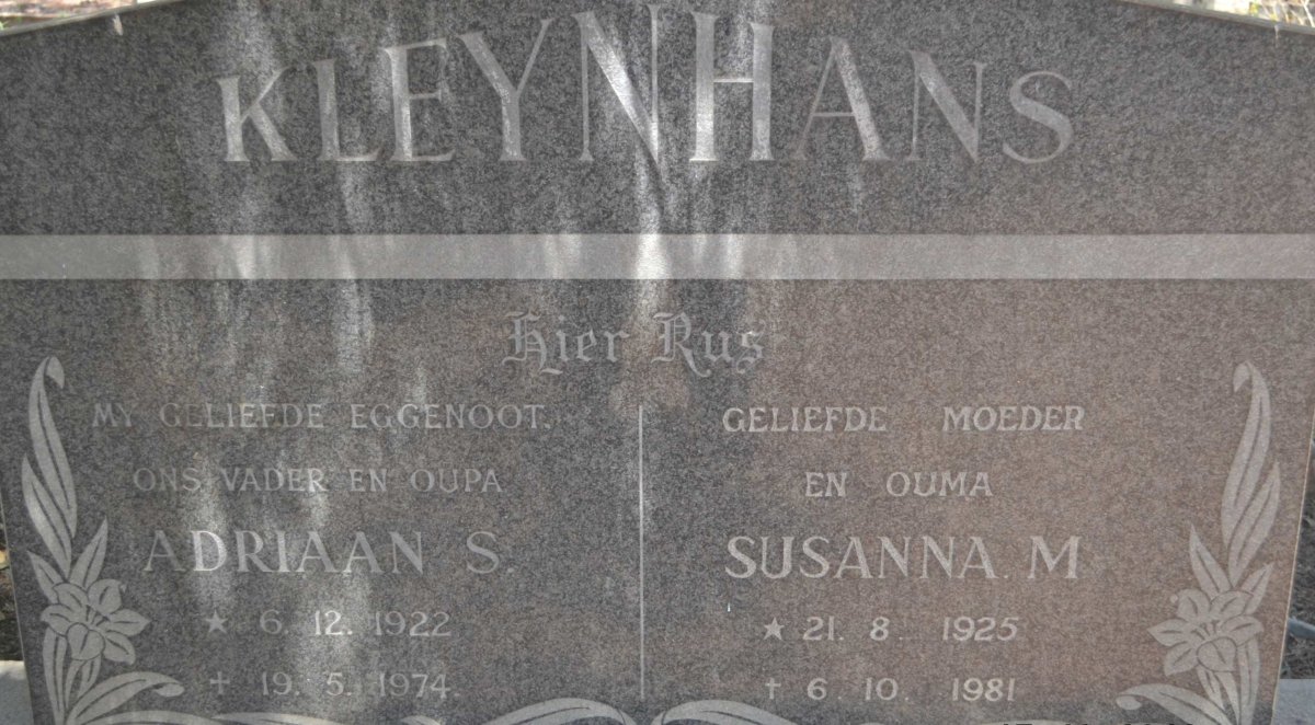 KLEYNHANS Adriaan S. 1922-1974 &amp; Susanna M. 1925-1981