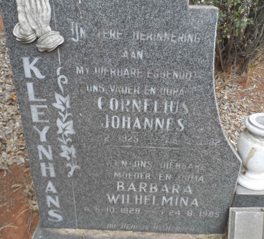 KLEYNHANS Cornelius Johannes 1925-1982 &amp; Barbara Wilhelmina 1929-1985