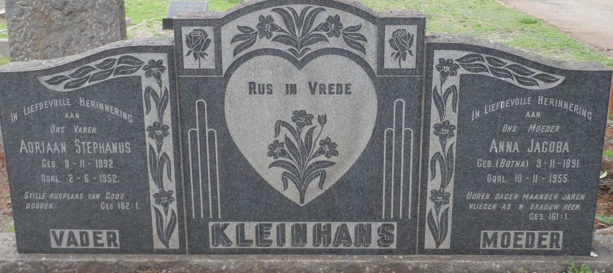 KLEINHANS Adriaan Stephanus 1892-1952 &amp; Anna Jacoba BOTHA 1891-1955